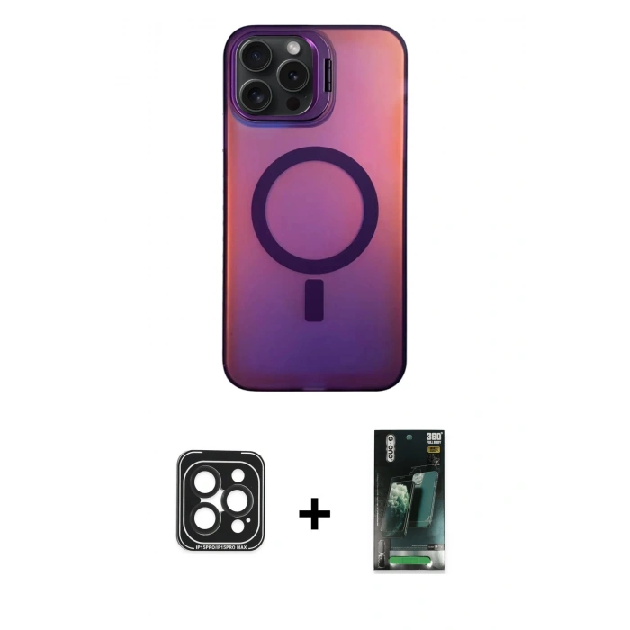 MARSİLYAN™- iPhone 15 Pro Max Kılıf Doruk Klasik Prime - Şeffaf 360 Full Body Arka Koruyucu + PVD Metal Kamera Lens - SH