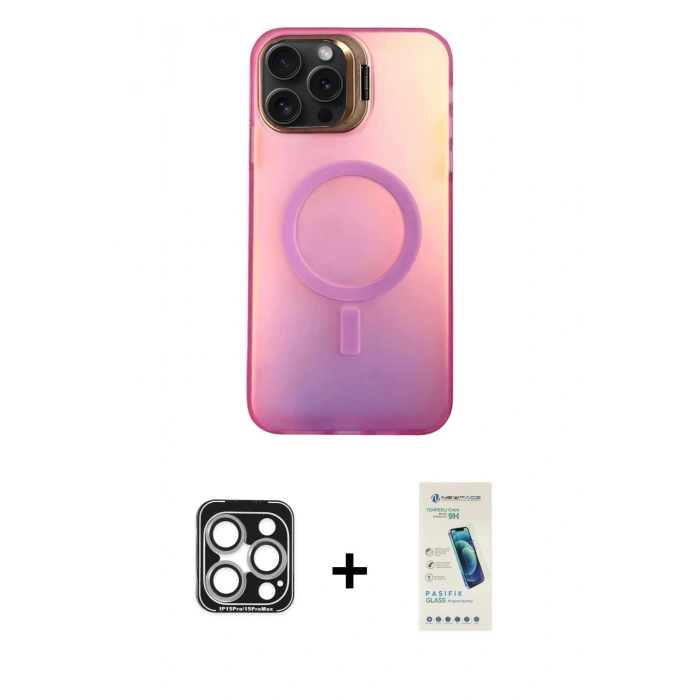 MARSİLYAN™- iPhone 15 Pro Max Kılıf Doruk Klasik Prime - Şeffaf Pasifik Cam Ekran Koruyucu + PVD Metal Kamera Lens - GS