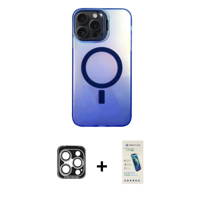 MARSİLYAN™- iPhone 15 Pro Max Kılıf Doruk Klasik Prime - Şeffaf Pasifik Cam Ekran Koruyucu + PVD Metal Kamera Lens - GS