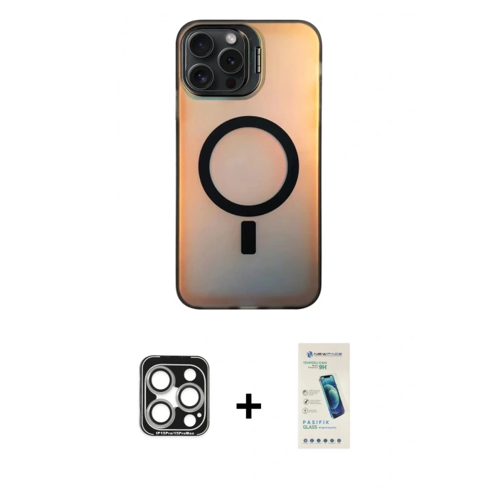 MARSİLYAN™- iPhone 15 Pro Max Kılıf Doruk Klasik Prime - Şeffaf Pasifik Cam Ekran Koruyucu + PVD Metal Kamera Lens - GS