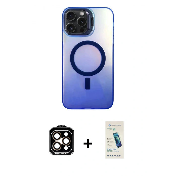 MARSİLYAN™- iPhone 15 Pro Max Kılıf Doruk Klasik Prime - Şeffaf Pasifik Cam Ekran Koruyucu + PVD Metal Kamera Lens - TU