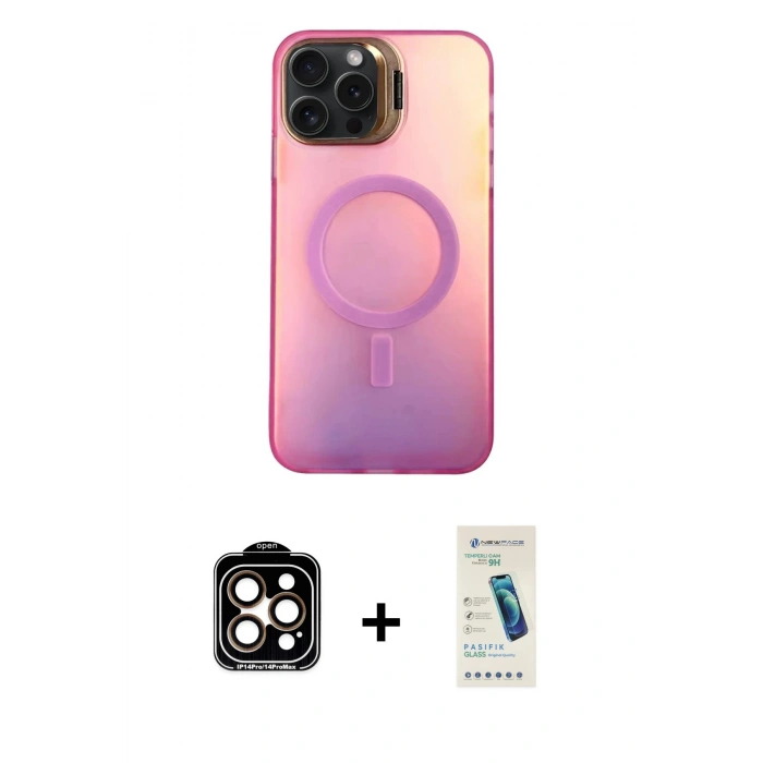 MARSİLYAN™- iPhone 15 Pro Max Kılıf Doruk Klasik Prime - Şeffaf Pasifik Cam Ekran Koruyucu + PVD Metal Kamera Lens - TU