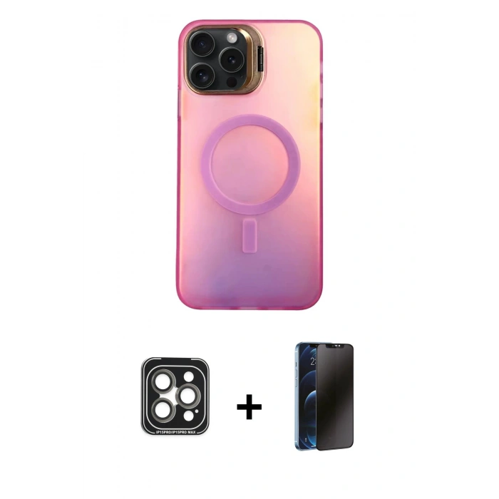 MARSİLYAN™- iPhone 15 Pro Max Kılıf Doruk Klasik Prime - Siyah 3D Antistatik Hayalet Cam Ekran Koruyucu + PVD Metal Kamera Lens - GI