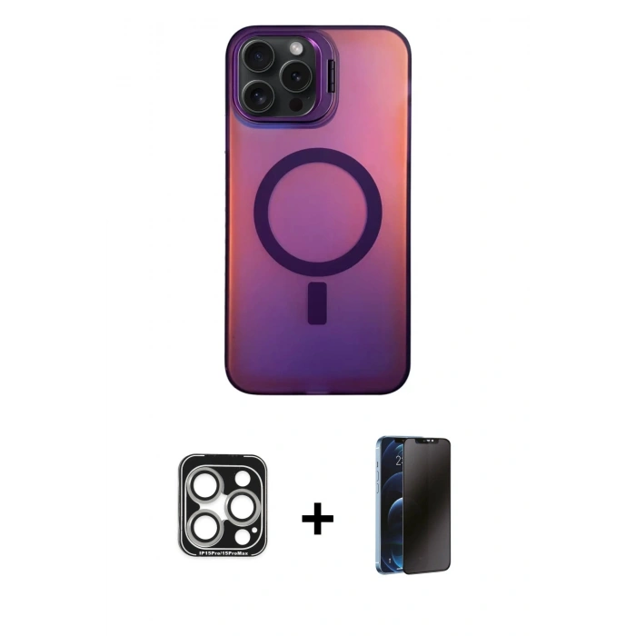 MARSİLYAN™- iPhone 15 Pro Max Kılıf Doruk Klasik Prime - Siyah 3D Antistatik Hayalet Cam Ekran Koruyucu + PVD Metal Kamera Lens - GS