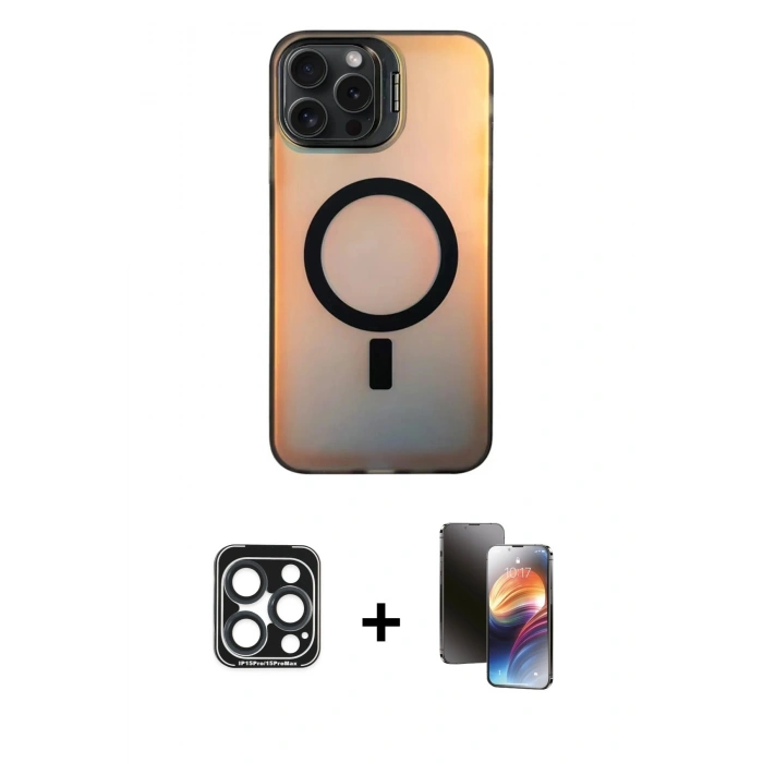 MARSİLYAN™- iPhone 15 Pro Max Kılıf Doruk Klasik Prime - Siyah 3D Antistatik Mat Seramik Nano Ekran Koruyucu + PVD Metal Kamera Lens - LT