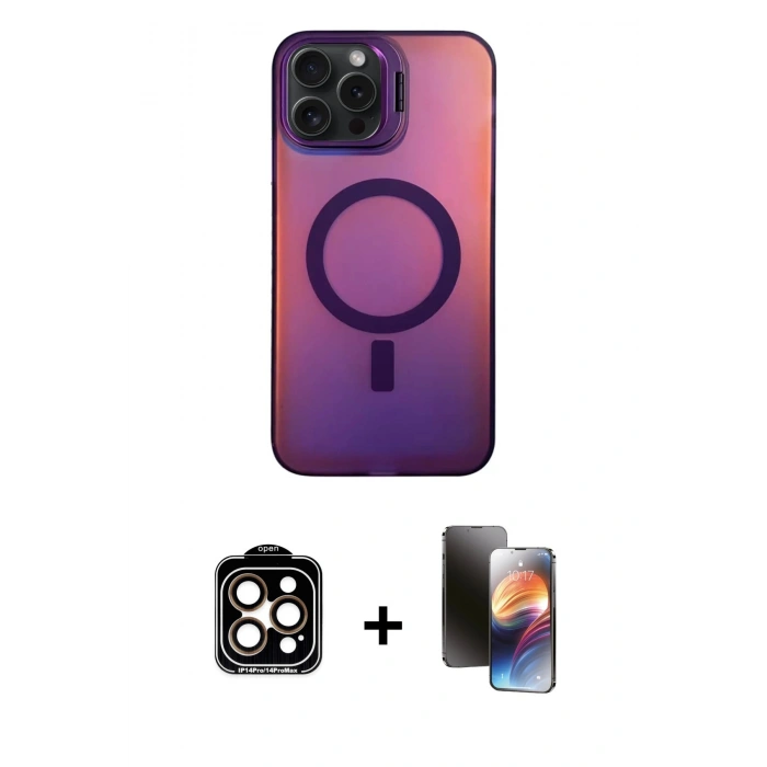 MARSİLYAN™- iPhone 15 Pro Max Kılıf Doruk Klasik Prime - Siyah 3D Antistatik Mat Seramik Nano Ekran Koruyucu + Turuncu PVD Metal Kamera Lens