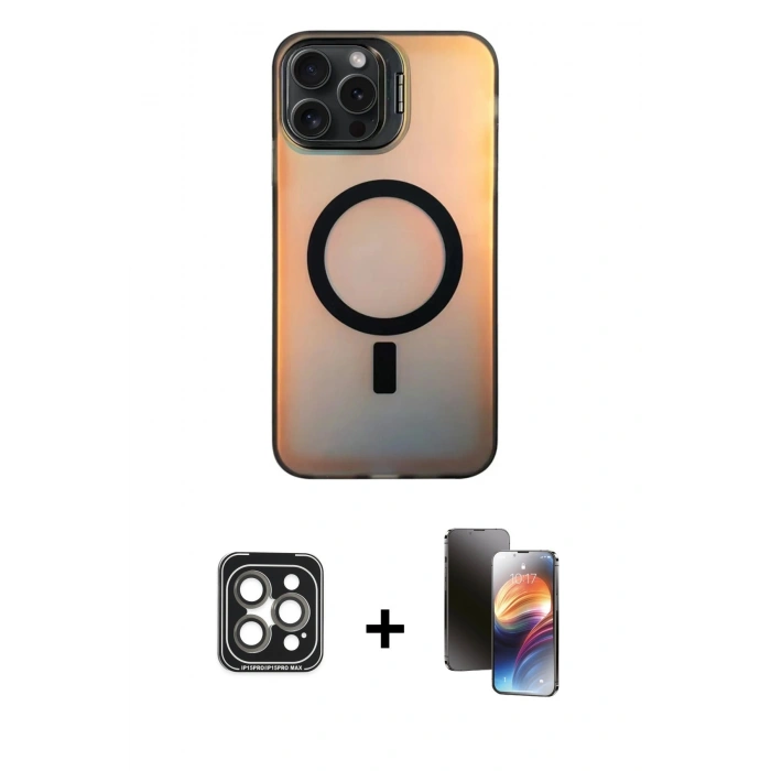 MARSİLYAN™- iPhone 15 Pro Max Kılıf Doruk Klasik Prime - Siyah 3D Antistatik Mat Seramik Nano Ekran Koruyucu + PVD Metal Kamera Lens - GI