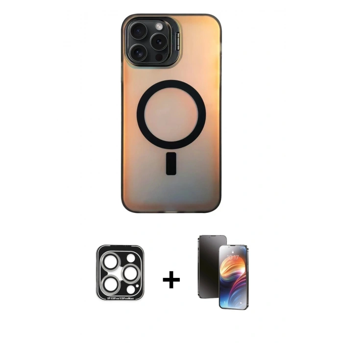 MARSİLYAN™- iPhone 15 Pro Max Kılıf Doruk Klasik Prime - Siyah 3D Antistatik Mat Seramik Nano Ekran Koruyucu + PVD Metal Kamera Lens - GS