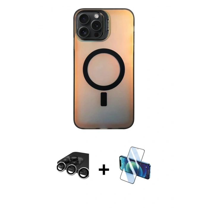 MARSİLYAN™- iPhone 15 Pro Max Kılıf Doruk Klasik Prime - Siyah 3D Antistatik Seramik Nano Ekran Koruyucu + Raze Metal Kamera Lens - GS