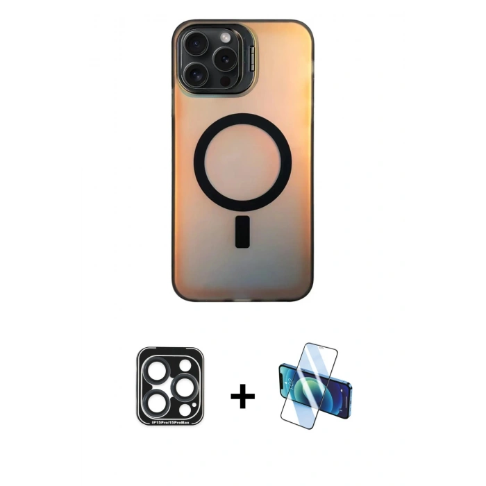 MARSİLYAN™- iPhone 15 Pro Max Kılıf Doruk Klasik Prime - Siyah 3D Antistatik Seramik Nano Ekran Koruyucu + PVD Metal Kamera Lens - LT