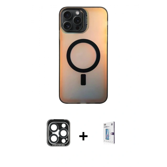 MARSİLYAN™- iPhone 15 Pro Max Kılıf Doruk Klasik Prime - Siyah Bilvis 0.18mm Plus Cam Ekran Koruyucu + PVD Metal Kamera Lens - LT