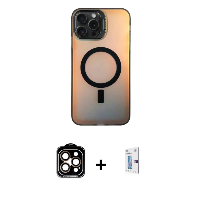 MARSİLYAN™- iPhone 15 Pro Max Kılıf Doruk Klasik Prime - Siyah Bilvis 0.18mm Plus Cam Ekran Koruyucu + PVD Metal Kamera Lens - TU