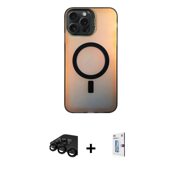 MARSİLYAN™- iPhone 15 Pro Max Kılıf Doruk Klasik Prime - Siyah Bilvis 0.18mm Plus Cam Ekran Koruyucu + Raze Metal Kamera Lens - SH