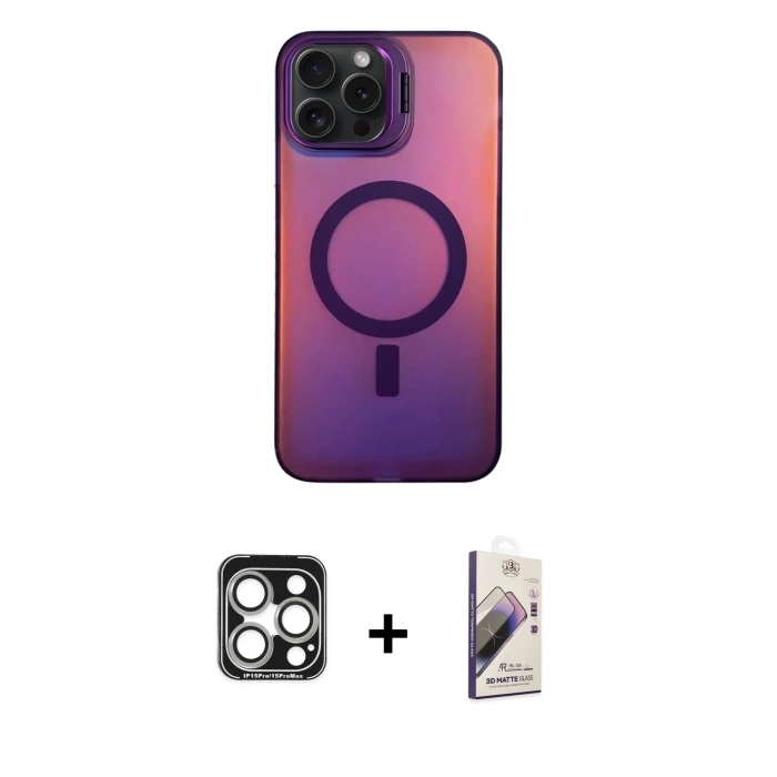 MARSİLYAN™- iPhone 15 Pro Max Kılıf Doruk Klasik Prime - Siyah Bilvis 3D Mat Cam Ekran Koruyucu + PVD Metal Kamera Lens - GS