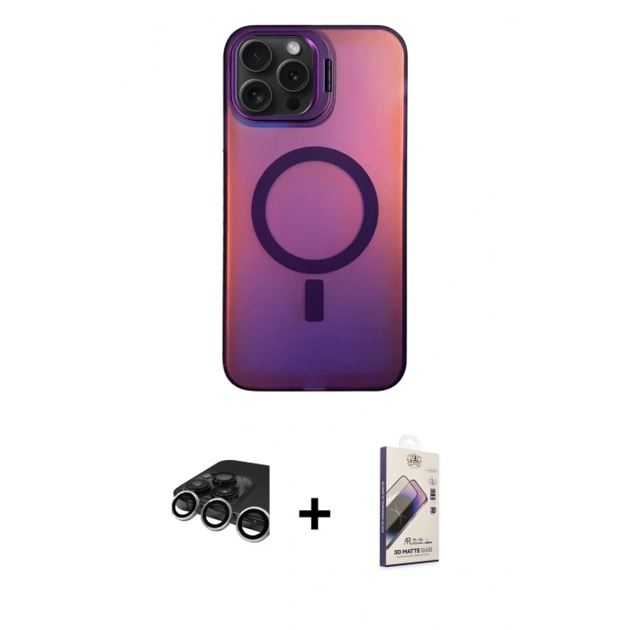 MARSİLYAN™- iPhone 15 Pro Max Kılıf Doruk Klasik Prime - Siyah Bilvis 3D Mat Cam Ekran Koruyucu + Raze Metal Kamera Lens - GS