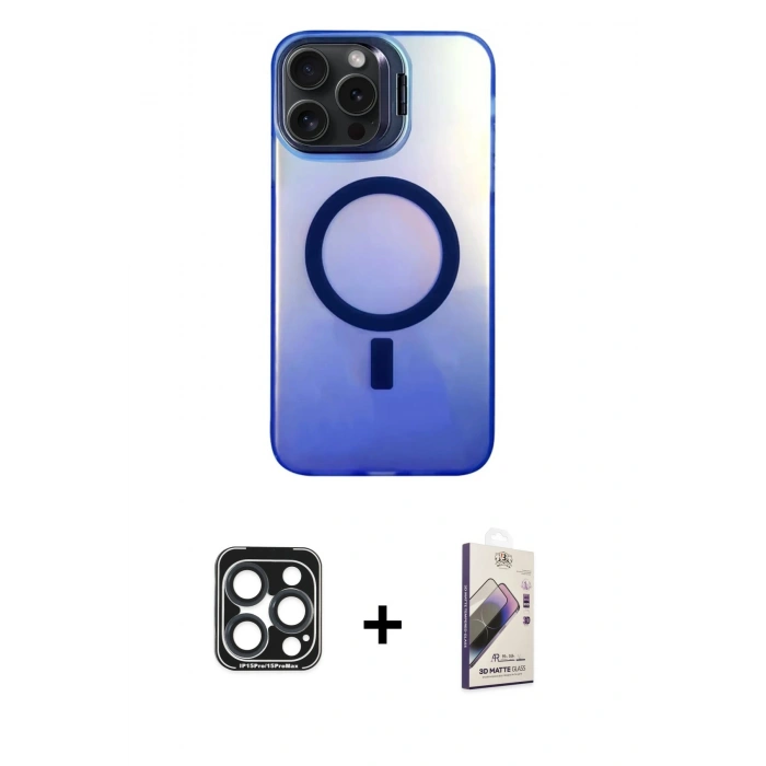 MARSİLYAN™- iPhone 15 Pro Max Kılıf Doruk Klasik Prime - Siyah Bilvis 3D Mat Cam Ekran Koruyucu + PVD Metal Kamera Lens - LT