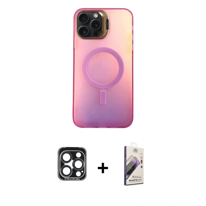 MARSİLYAN™- iPhone 15 Pro Max Kılıf Doruk Klasik Prime - Siyah Bilvis 3D Mat Cam Ekran Koruyucu + PVD Metal Kamera Lens - LT