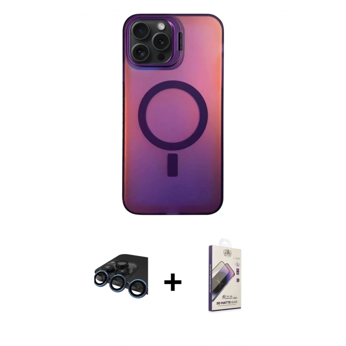 MARSİLYAN™- iPhone 15 Pro Max Kılıf Doruk Klasik Prime - Siyah Bilvis 3D Mat Cam Ekran Koruyucu + Raze Metal Kamera Lens - LT