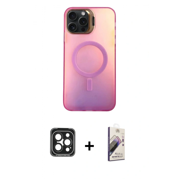 MARSİLYAN™- iPhone 15 Pro Max Kılıf Doruk Klasik Prime - Siyah Bilvis 3D Mat Cam Ekran Koruyucu + PVD Metal Kamera Lens - SH