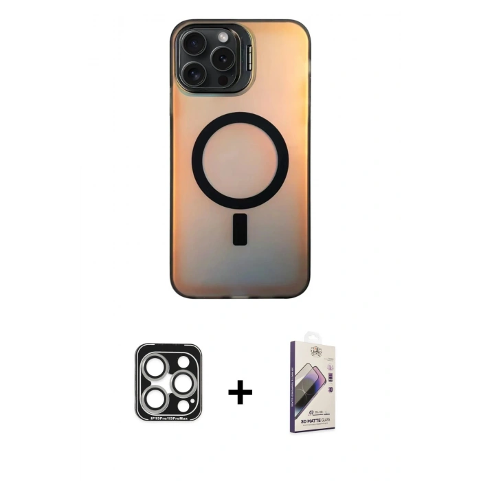 MARSİLYAN™- iPhone 15 Pro Max Kılıf Doruk Klasik Prime - Siyah Bilvis 3D Mat Cam Ekran Koruyucu + PVD Metal Kamera Lens - GS