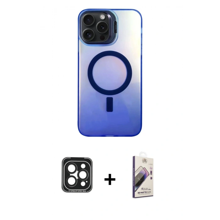 MARSİLYAN™- iPhone 15 Pro Max Kılıf Doruk Klasik Prime - Siyah Bilvis 3D Mat Cam Ekran Koruyucu + PVD Metal Kamera Lens - SH