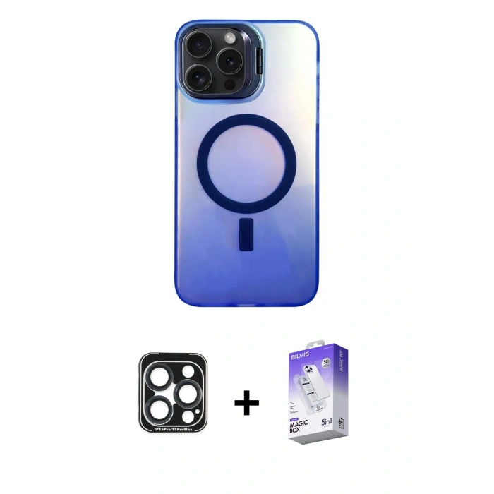 MARSİLYAN™- iPhone 15 Pro Max Kılıf Doruk Klasik Prime - Siyah Bilvis 5in1 3D Magic Cam Ekran Koruyucu + PVD Metal Kamera Lens - LT