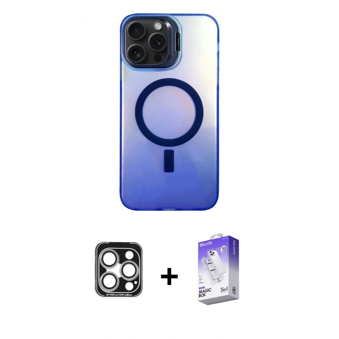 MARSİLYAN™- iPhone 15 Pro Max Kılıf Doruk Klasik Prime - Siyah Bilvis 5in1 3D Magic Cam Ekran Koruyucu + PVD Metal Kamera Lens - GS