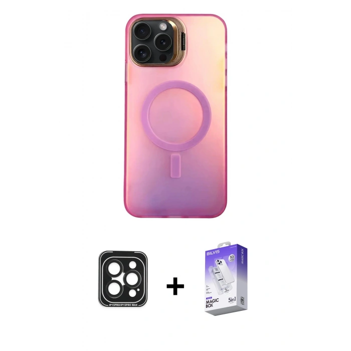 MARSİLYAN™- iPhone 15 Pro Max Kılıf Doruk Klasik Prime - Siyah Bilvis 5in1 3D Magic Cam Ekran Koruyucu + PVD Metal Kamera Lens - SH