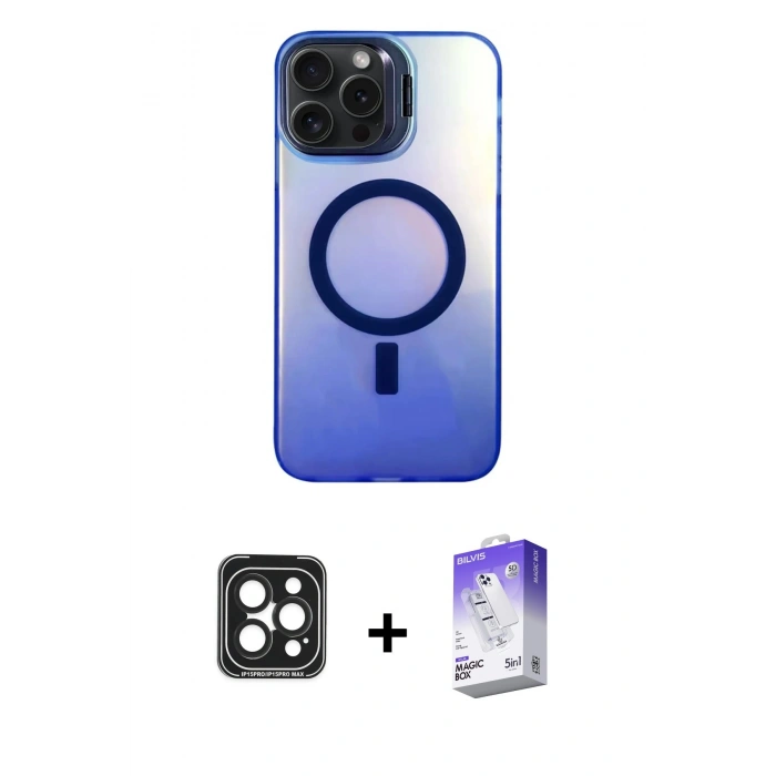 MARSİLYAN™- iPhone 15 Pro Max Kılıf Doruk Klasik Prime - Siyah Bilvis 5in1 3D Magic Cam Ekran Koruyucu + PVD Metal Kamera Lens - SH