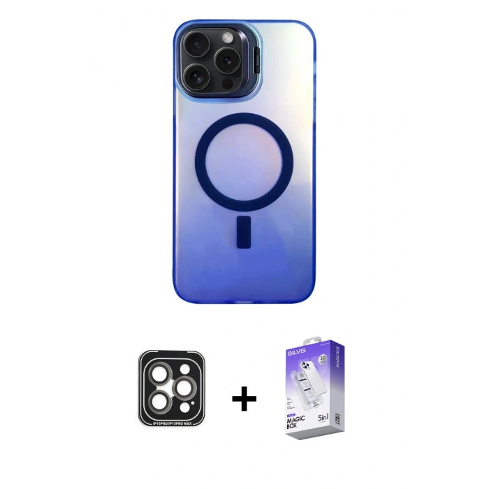 MARSİLYAN™- iPhone 15 Pro Max Kılıf Doruk Klasik Prime - Siyah Bilvis 5in1 3D Magic Cam Ekran Koruyucu + PVD Metal Kamera Lens - GI