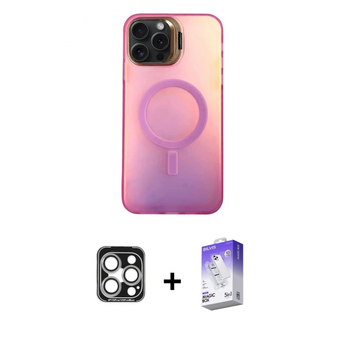 MARSİLYAN™- iPhone 15 Pro Max Kılıf Doruk Klasik Prime - Siyah Bilvis 5in1 3D Magic Cam Ekran Koruyucu + PVD Metal Kamera Lens - GS