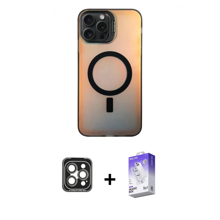MARSİLYAN™- iPhone 15 Pro Max Kılıf Doruk Klasik Prime - Siyah Bilvis 5in1 3D Magic Cam Ekran Koruyucu + PVD Metal Kamera Lens - GI