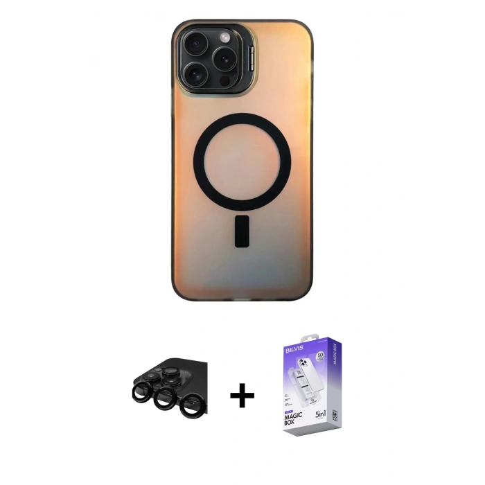 MARSİLYAN™- iPhone 15 Pro Max Kılıf Doruk Klasik Prime - Siyah Bilvis 5in1 3D Magic Cam Ekran Koruyucu + Raze Metal Kamera Lens - SH