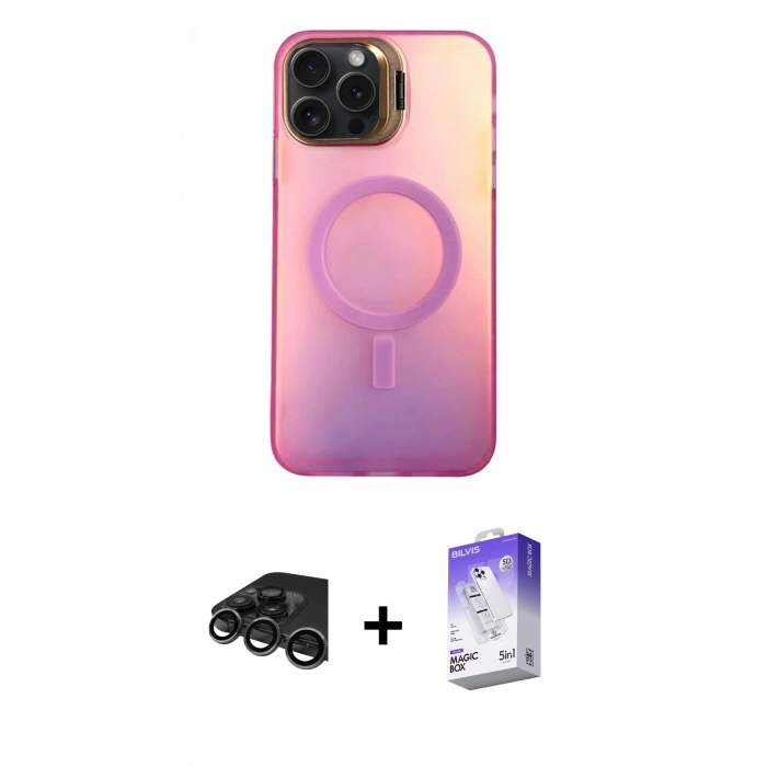 MARSİLYAN™- iPhone 15 Pro Max Kılıf Doruk Klasik Prime - Siyah Bilvis 5in1 3D Magic Cam Ekran Koruyucu + Raze Metal Kamera Lens - TMGI