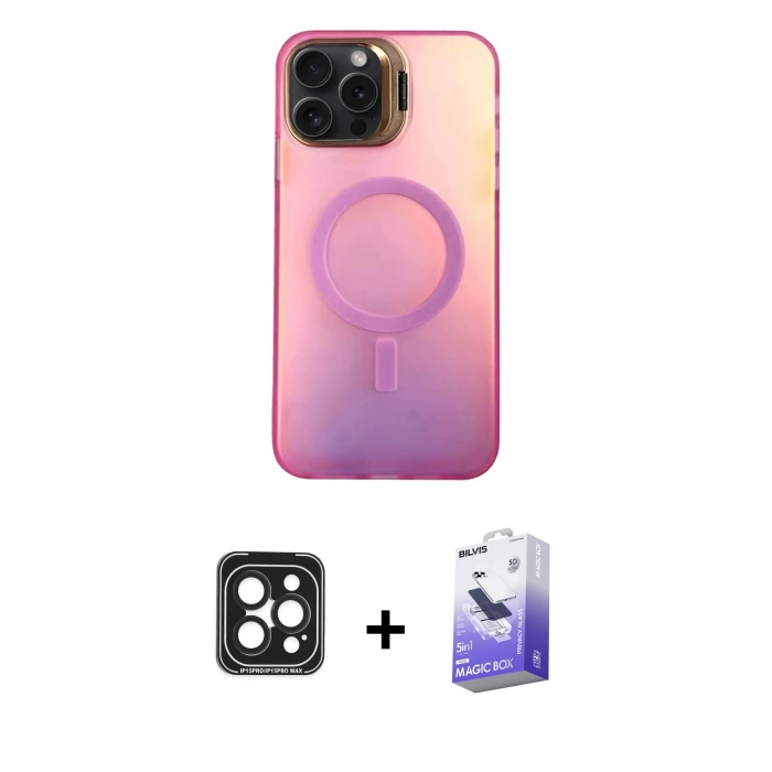 MARSİLYAN™- iPhone 15 Pro Max Kılıf Doruk Klasik Prime - Siyah Bilvis 5in1 5D Magic Hayalet Cam Ekran Koruyucu + PVD Metal Kamera Lens - SH