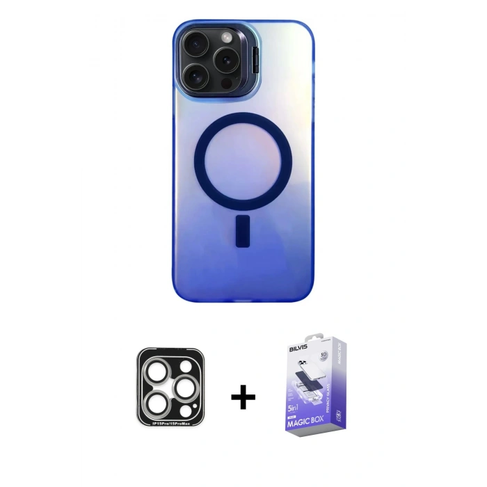 MARSİLYAN™- iPhone 15 Pro Max Kılıf Doruk Klasik Prime - Siyah Bilvis 5in1 5D Magic Hayalet Cam Ekran Koruyucu + PVD Metal Kamera Lens - GS