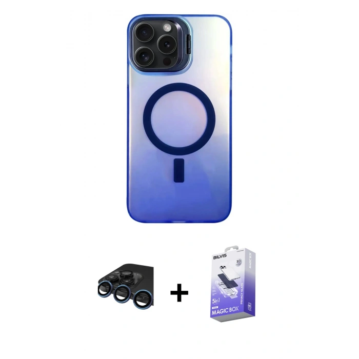 MARSİLYAN™- iPhone 15 Pro Max Kılıf Doruk Klasik Prime - Siyah Bilvis 5in1 5D Magic Hayalet Cam Ekran Koruyucu + Lacivert Raze Metal Kamera Lens