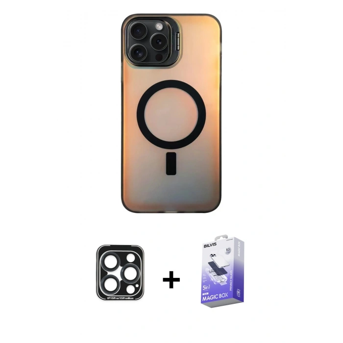 MARSİLYAN™- iPhone 15 Pro Max Kılıf Doruk Klasik Prime - Siyah Bilvis 5in1 5D Magic Hayalet Cam Ekran Koruyucu + PVD Metal Kamera Lens - LT