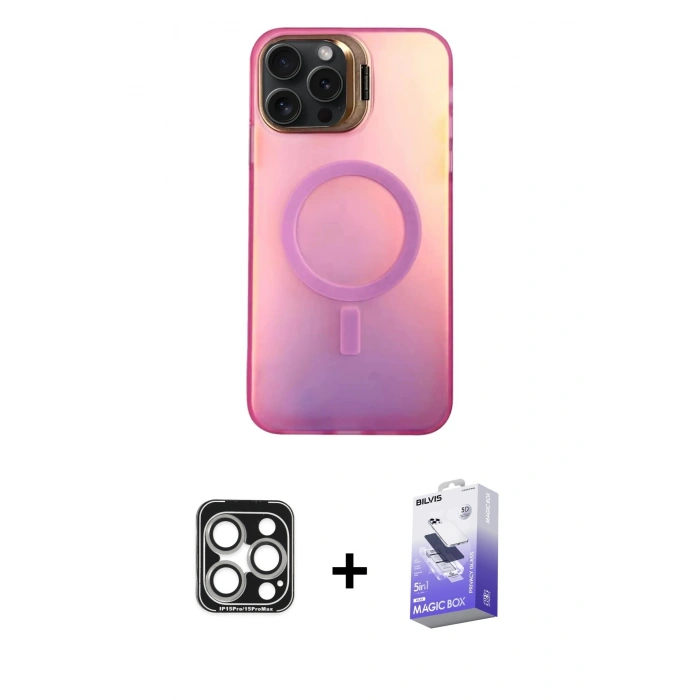 MARSİLYAN™- iPhone 15 Pro Max Kılıf Doruk Klasik Prime - Siyah Bilvis 5in1 5D Magic Hayalet Cam Ekran Koruyucu + PVD Metal Kamera Lens - GS
