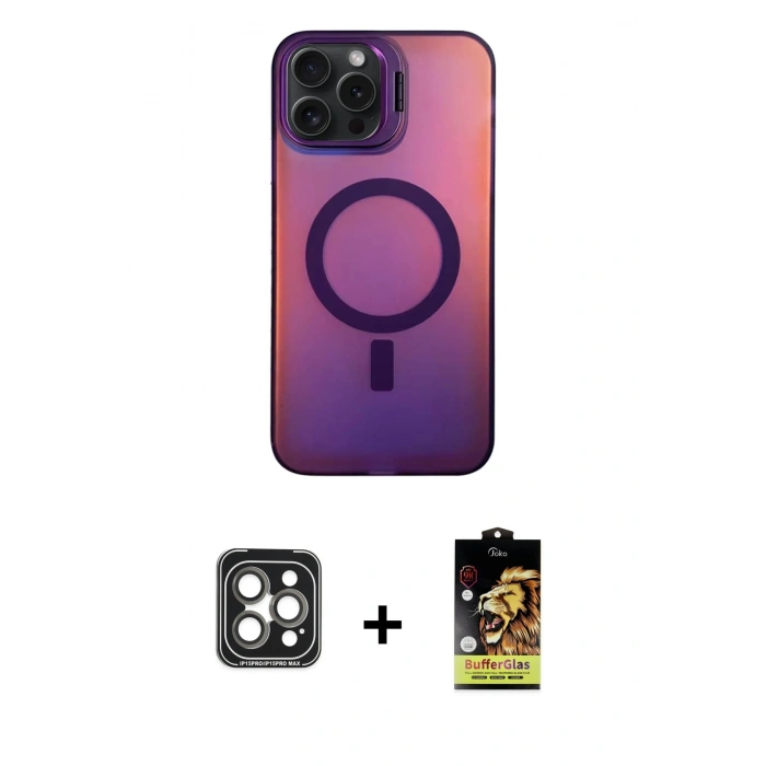 MARSİLYAN™- iPhone 15 Pro Max Kılıf Doruk Klasik Prime - Siyah Buffer Cam Ekran Koruyucu + PVD Metal Kamera Lens - GI