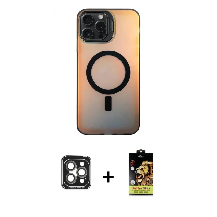 MARSİLYAN™- iPhone 15 Pro Max Kılıf Doruk Klasik Prime - Siyah Buffer Cam Ekran Koruyucu + PVD Metal Kamera Lens - GI
