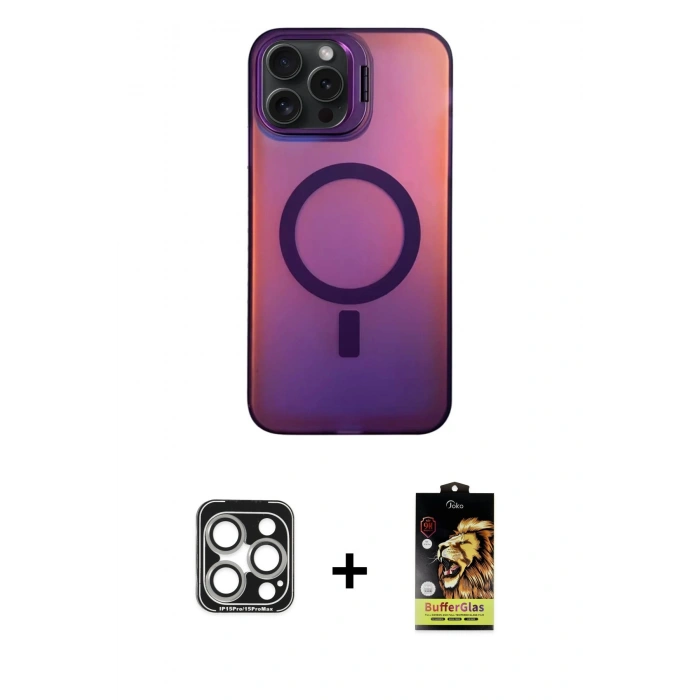 MARSİLYAN™- iPhone 15 Pro Max Kılıf Doruk Klasik Prime - Siyah Buffer Cam Ekran Koruyucu + PVD Metal Kamera Lens - GS