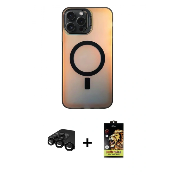MARSİLYAN™- iPhone 15 Pro Max Kılıf Doruk Klasik Prime - Siyah Buffer Cam Ekran Koruyucu + Raze Metal Kamera Lens - SH
