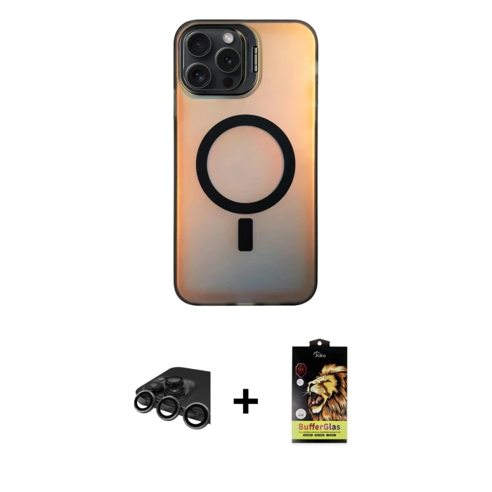 MARSİLYAN™- iPhone 15 Pro Max Kılıf Doruk Klasik Prime - Siyah Buffer Cam Ekran Koruyucu + Raze Metal Kamera Lens - TMGI