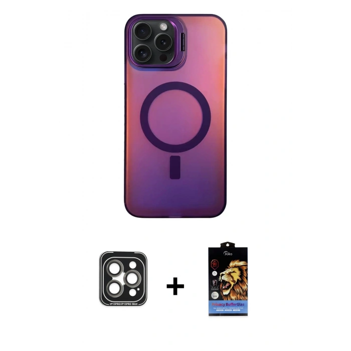 MARSİLYAN™- iPhone 15 Pro Max Kılıf Doruk Klasik Prime - Siyah Buffer Hayalet Cam Ekran Koruyucu + PVD Metal Kamera Lens - GI