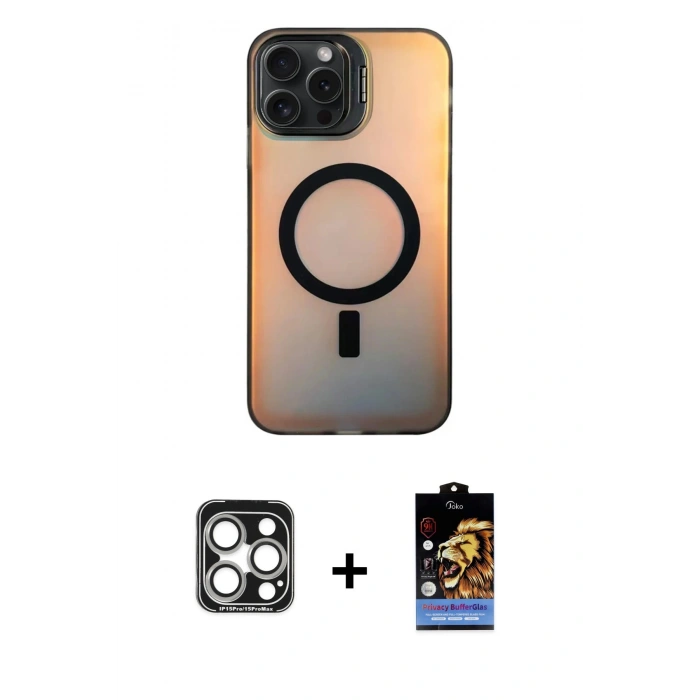 MARSİLYAN™- iPhone 15 Pro Max Kılıf Doruk Klasik Prime - Siyah Buffer Hayalet Cam Ekran Koruyucu + Gümüş PVD Metal Kamera Lens