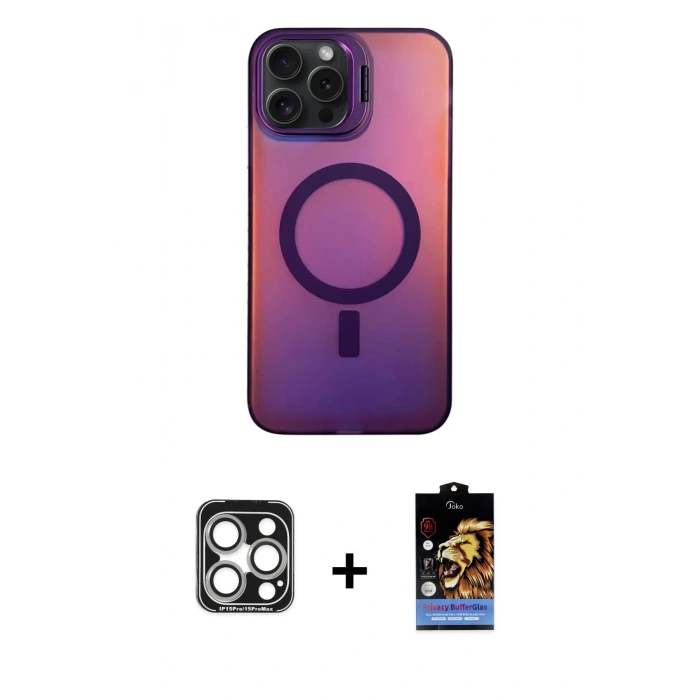 MARSİLYAN™- iPhone 15 Pro Max Kılıf Doruk Klasik Prime - Siyah Buffer Hayalet Cam Ekran Koruyucu + Gümüş PVD Metal Kamera Lens