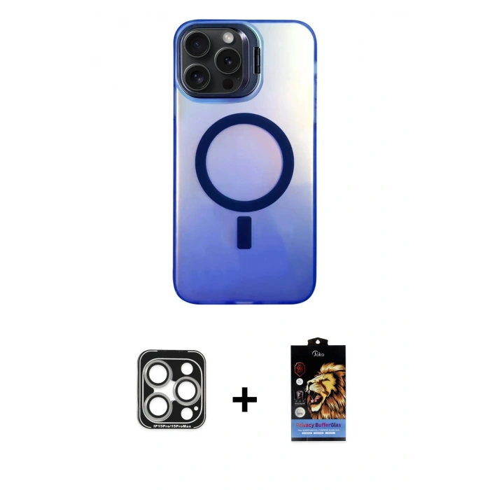 MARSİLYAN™- iPhone 15 Pro Max Kılıf Doruk Klasik Prime - Siyah Buffer Hayalet Cam Ekran Koruyucu + Gümüş PVD Metal Kamera Lens
