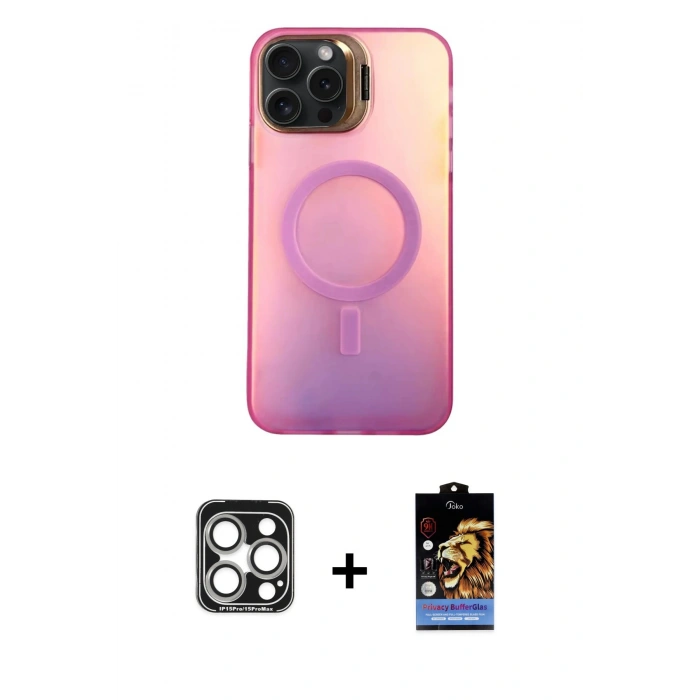 MARSİLYAN™- iPhone 15 Pro Max Kılıf Doruk Klasik Prime - Siyah Buffer Hayalet Cam Ekran Koruyucu + Gümüş PVD Metal Kamera Lens