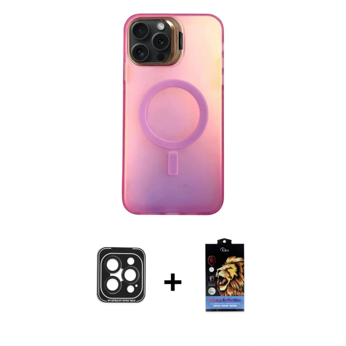 MARSİLYAN™- iPhone 15 Pro Max Kılıf Doruk Klasik Prime - Siyah Buffer Hayalet Cam Ekran Koruyucu + PVD Metal Kamera Lens - SH